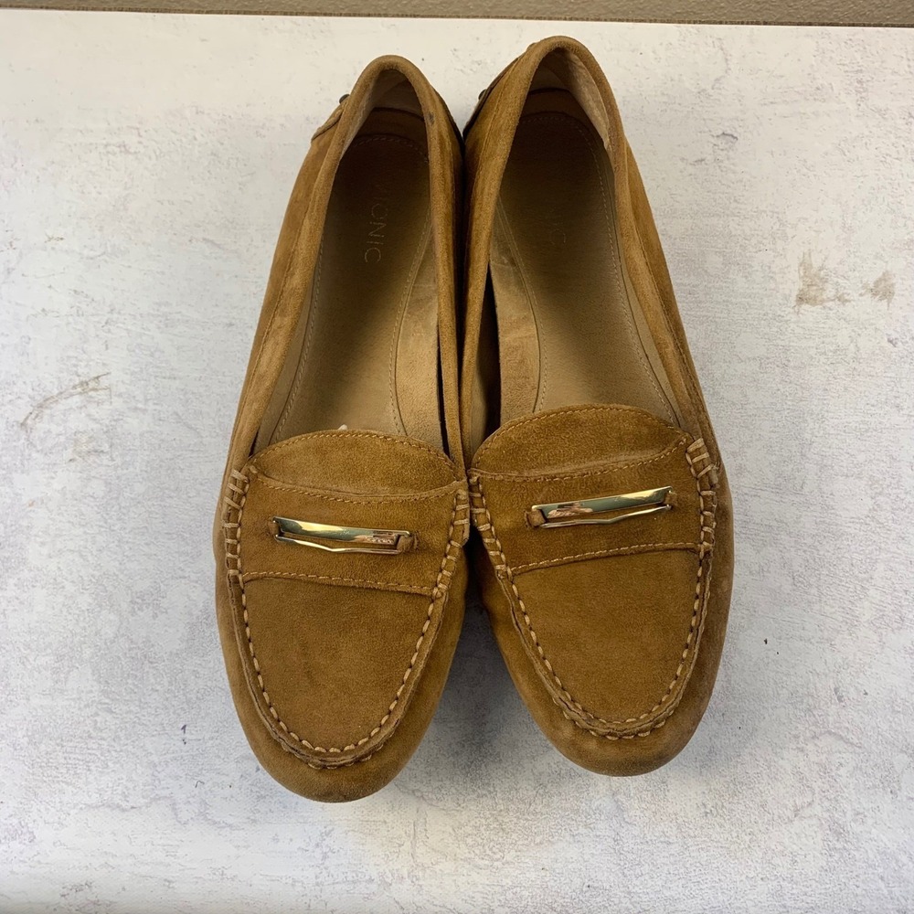 Vionic Ashby 10 Women's Loafers Tan Brown Suede Gold Bar Driving Moccasins - Picture 13 of 14